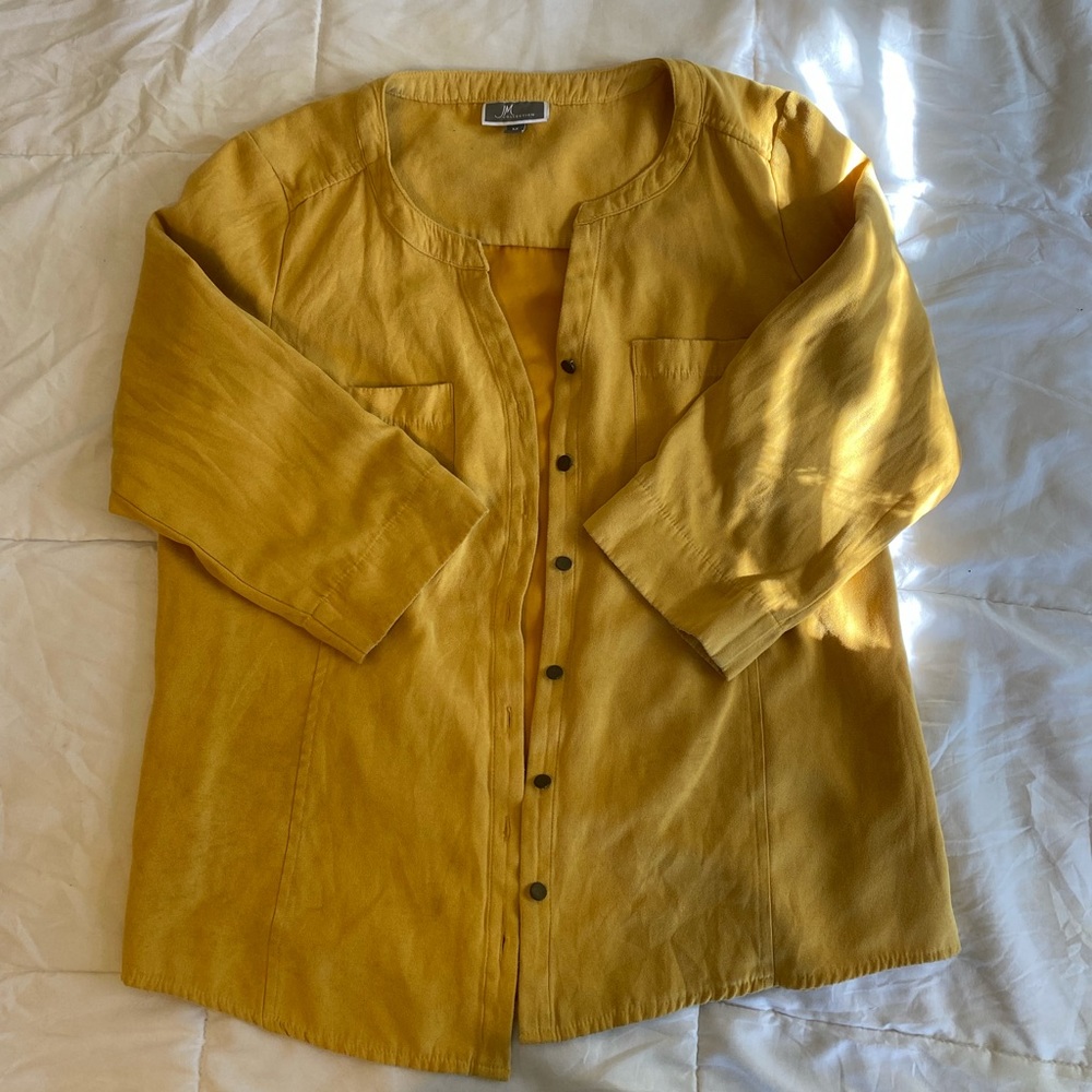 JM Collection, suede/polyester yellow button up shirt/cardigan.